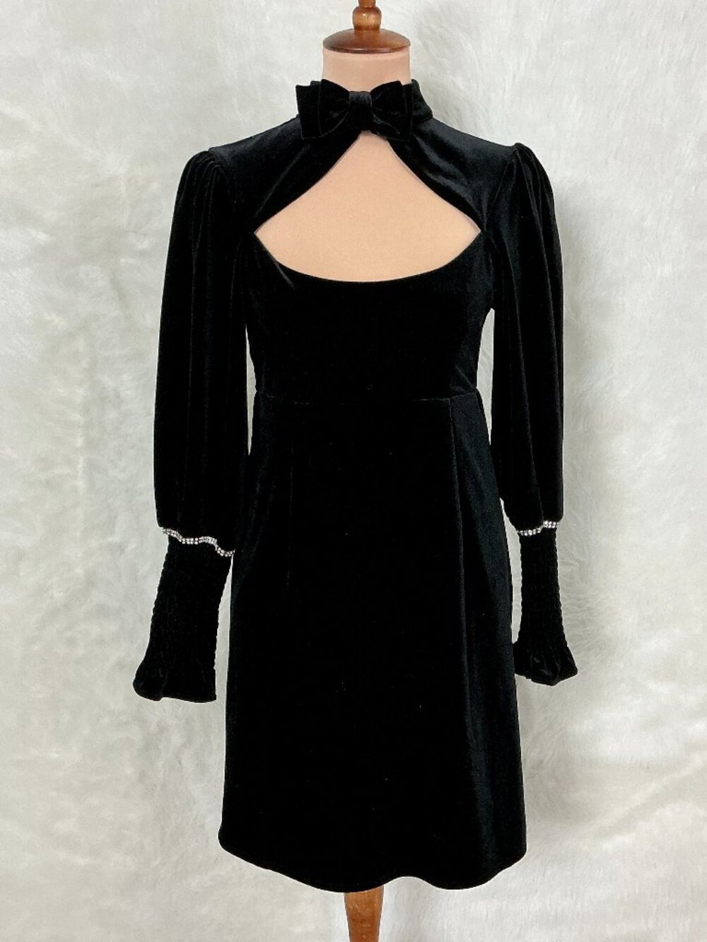 Dream Sister Jane Black Velvet Rhinestone Crystal Smocked Bow Mini Dress S